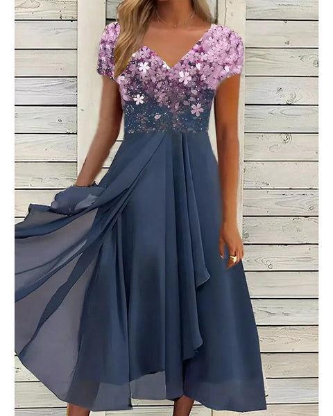 Doina - שמלת V צוואר מסוגננת עם הדפס