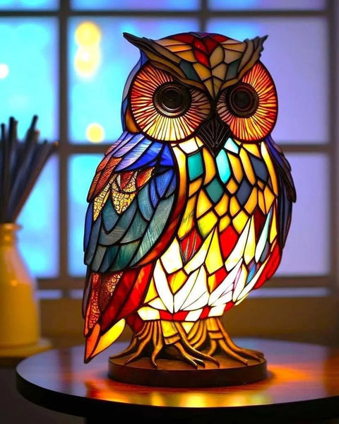 מרלין - מנורת ינשוף מזכוכית צבעונית עם נגיעה קסומה